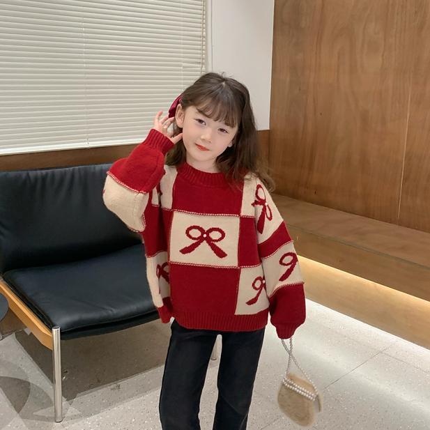 女童毛衣冬季韩系童装宽松洋气儿童针织衫中童红色新年毛衣女