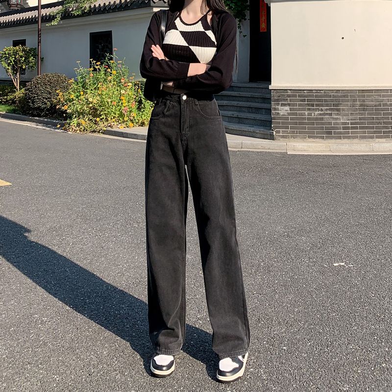 煙灰色高腰牛仔褲女春秋直筒2023新款寬鬆顯瘦小個子闊腿拖地褲子