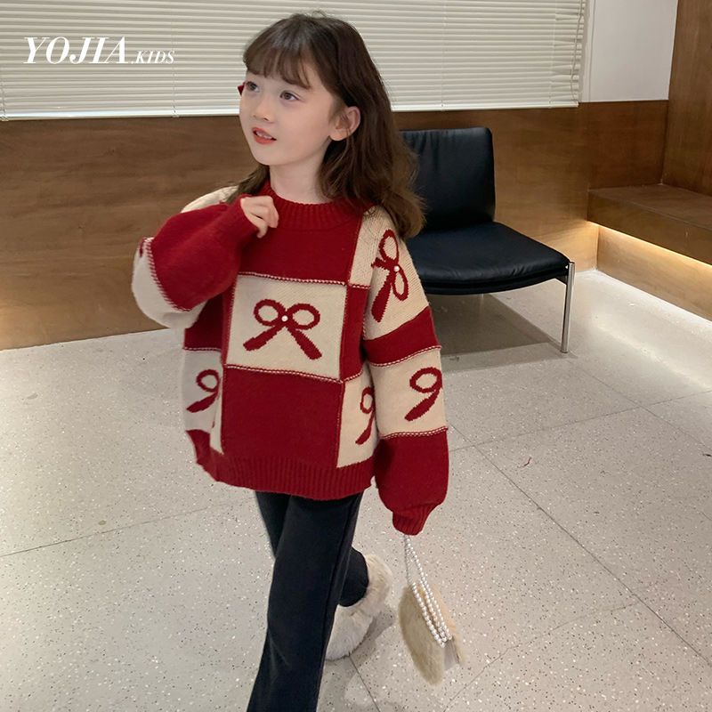 女童毛衣冬季韩系童装宽松洋气儿童针织衫中童红色新年毛衣女