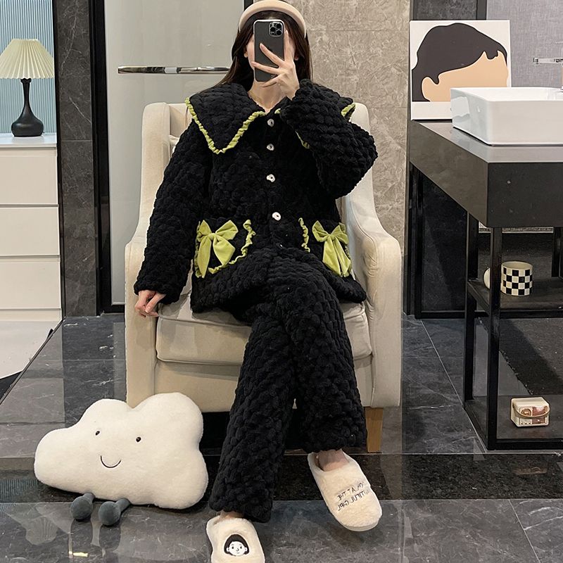 三層夾棉睡衣女冬季加厚珊瑚絨網紅風蝴蝶結秋冬款家居服保暖套裝