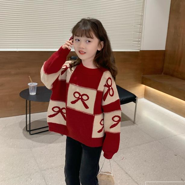 女童毛衣2022冬季韩系童装宽松洋气儿童针织衫中童红色新年毛衣女
