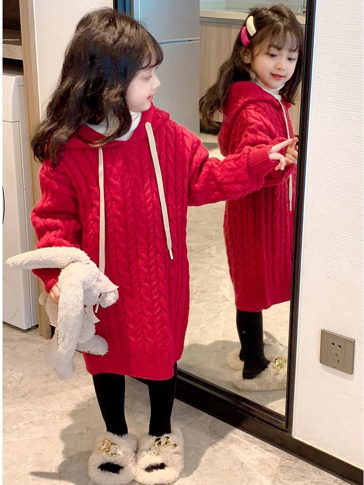 女童连衣裙女宝新年衣服红色过年裙子中长款带帽子针织衫女童毛衣