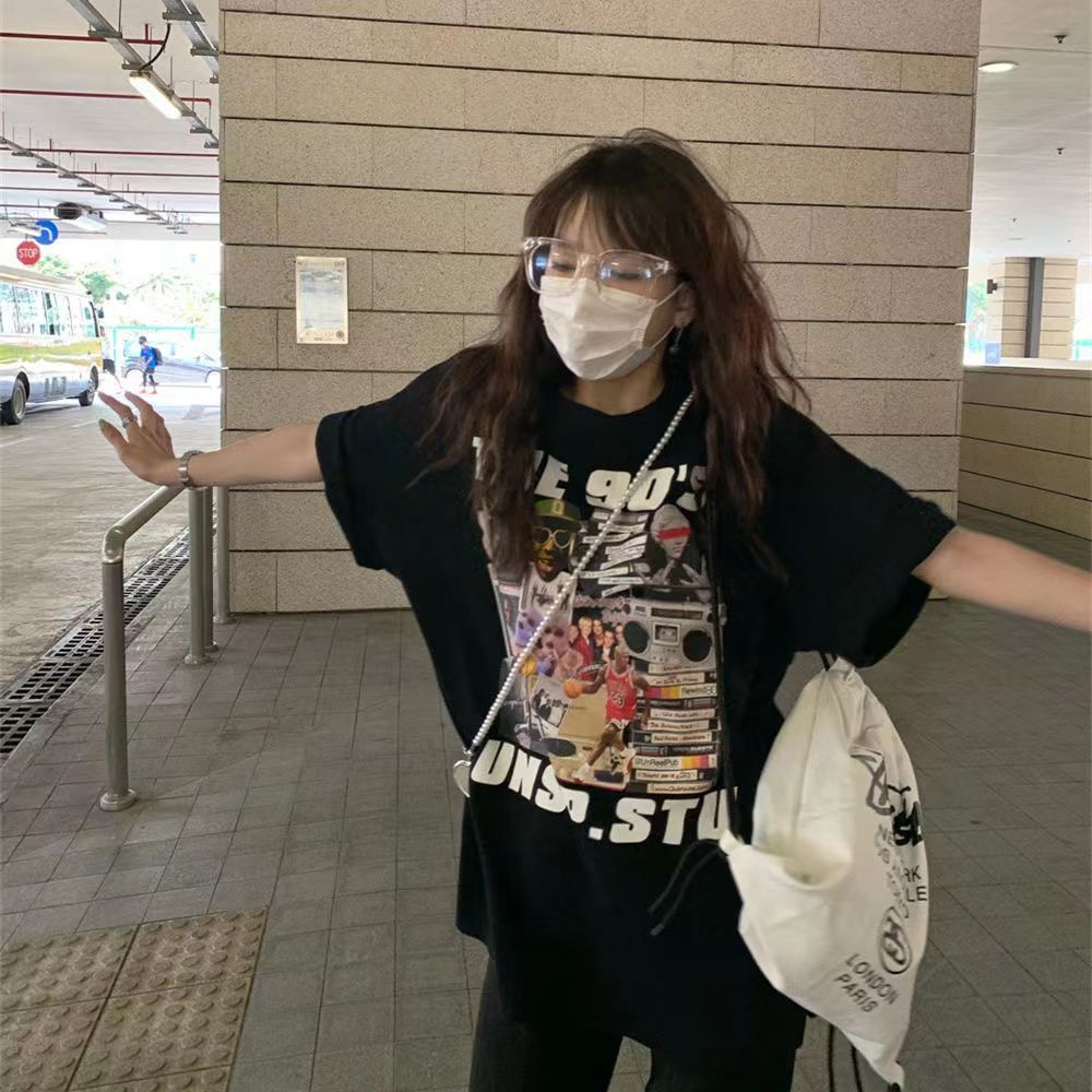 100% cotton American design niche short-sleeved T-shirt for women summer ins fashion brand loose chic Hong Kong style tops