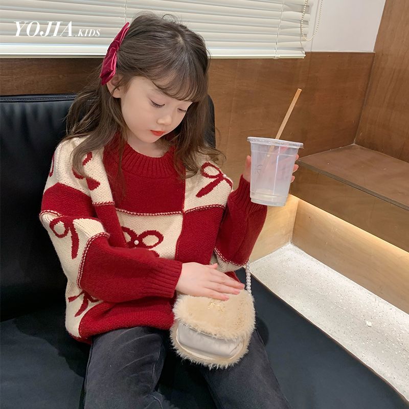 女童毛衣2022冬季韓系童裝寬鬆洋氣兒童針織衫中童紅色新年毛衣女