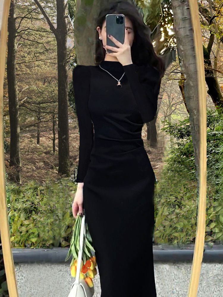 Xiaozi Half High Collar Slim Sexy Dress Female  New Black Inner Bottom Long Section Hip Skirt Korean Version