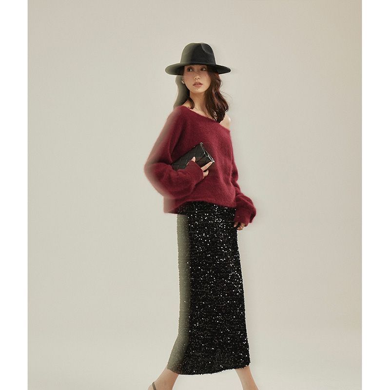 Painted French heavy industry sequined high-waisted black skirt women's 2023 spring new elegant slit A-line skirt