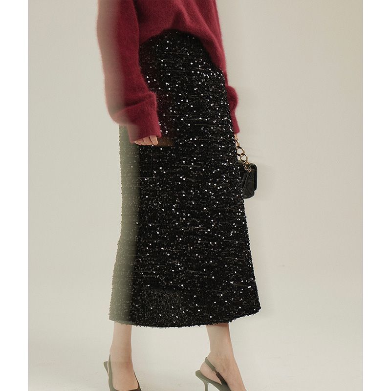 Painted French heavy industry sequined high-waisted black skirt women's 2023 spring new elegant slit A-line skirt