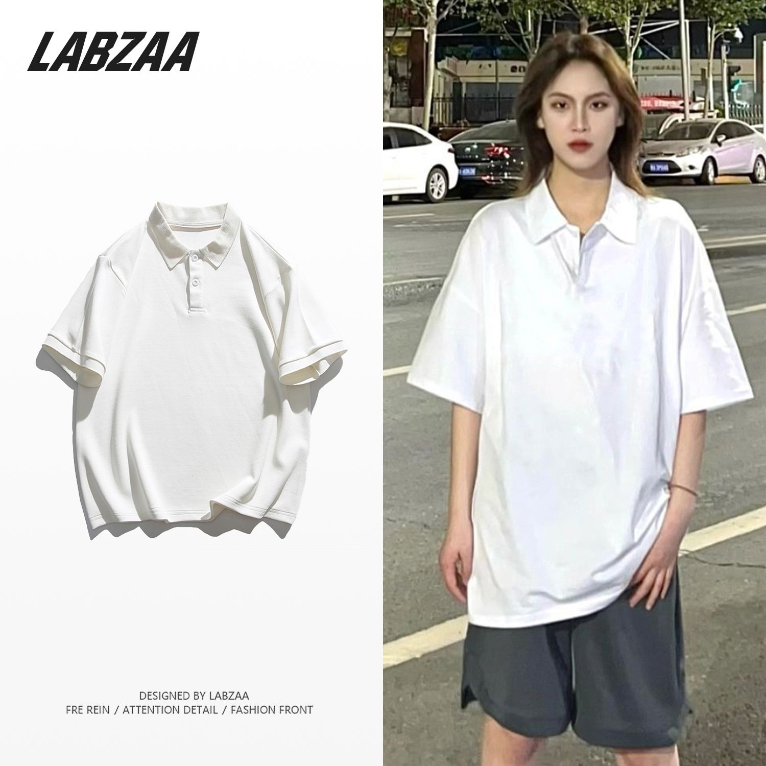 LABZAA pure cotton solid color POLO collar short-sleeved T-shirt women's summer trend bf wind couple loose casual top tide