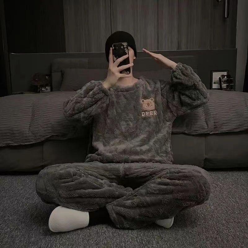 法蘭絨睡衣男士新款冬季加厚男款青少年ins卡通加絨家居服兩件套