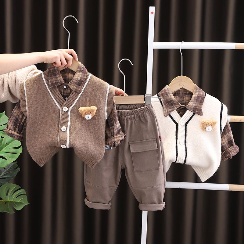 Boys spring suit 2023 new baby children's clothing spring and autumn foreign style male baby sweater vest three-piece suit trendy