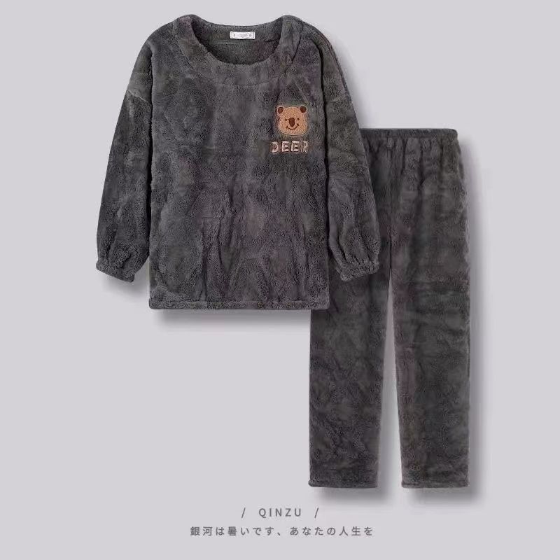 新款ins風睡衣男冬季情侶裝珊瑚絨超厚保暖可愛卡通男家居服潮款