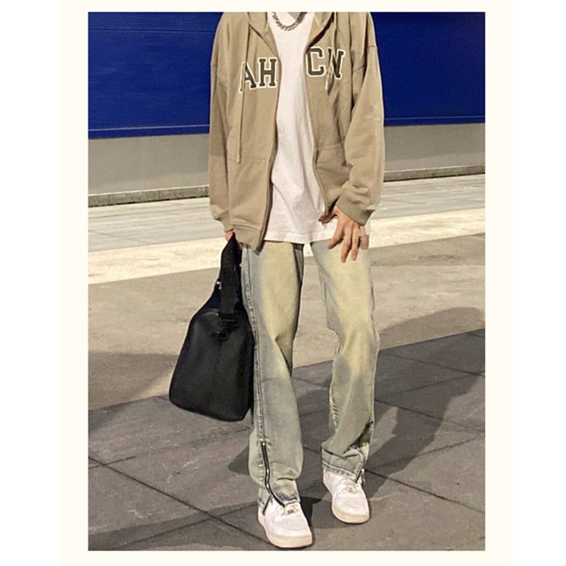 Yellow mud dyed old denim pants female American high street ins trend straight wide leg zipper vibe design trousers