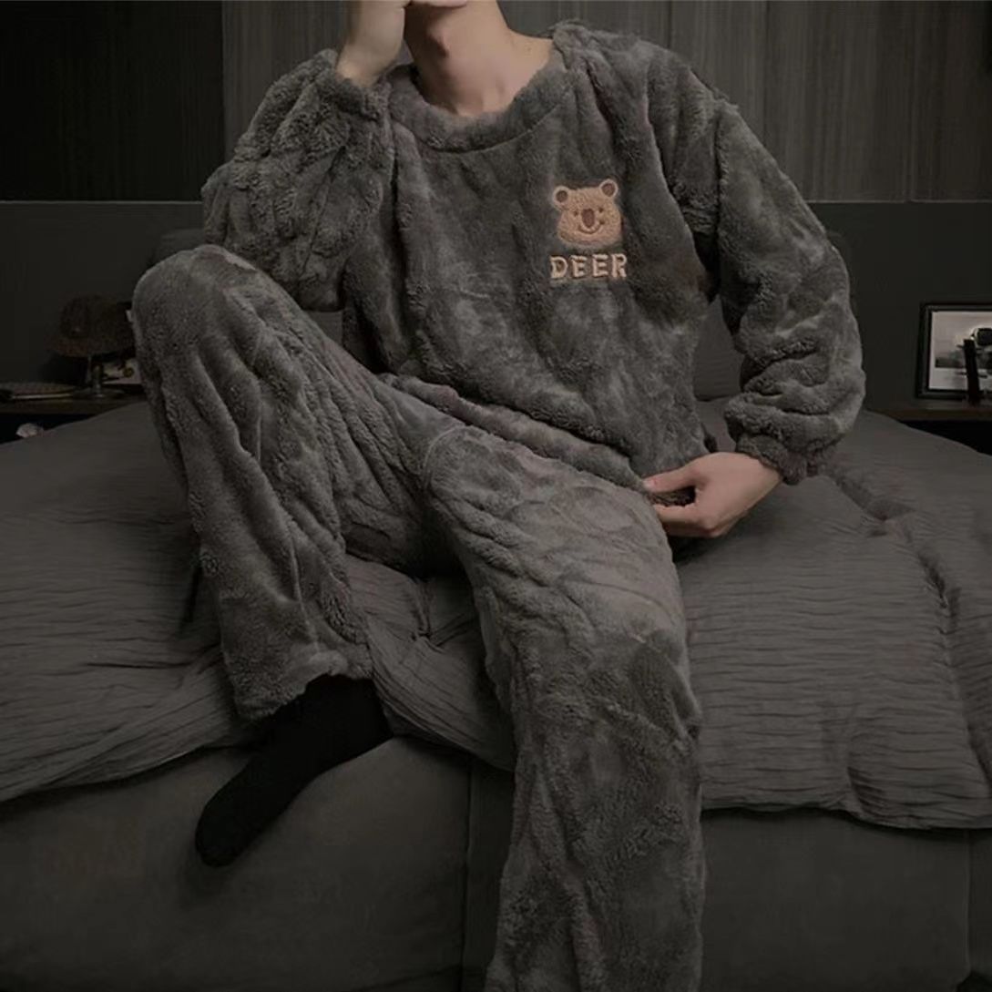 新款ins風睡衣男秋冬款法蘭絨青少年帥氣加厚冬天情侶裝超厚套裝