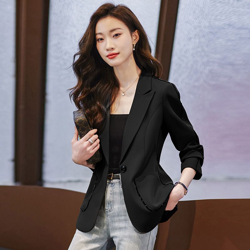 Black small suit jacket female small top  new temperament goddess fan casual formal suit spring