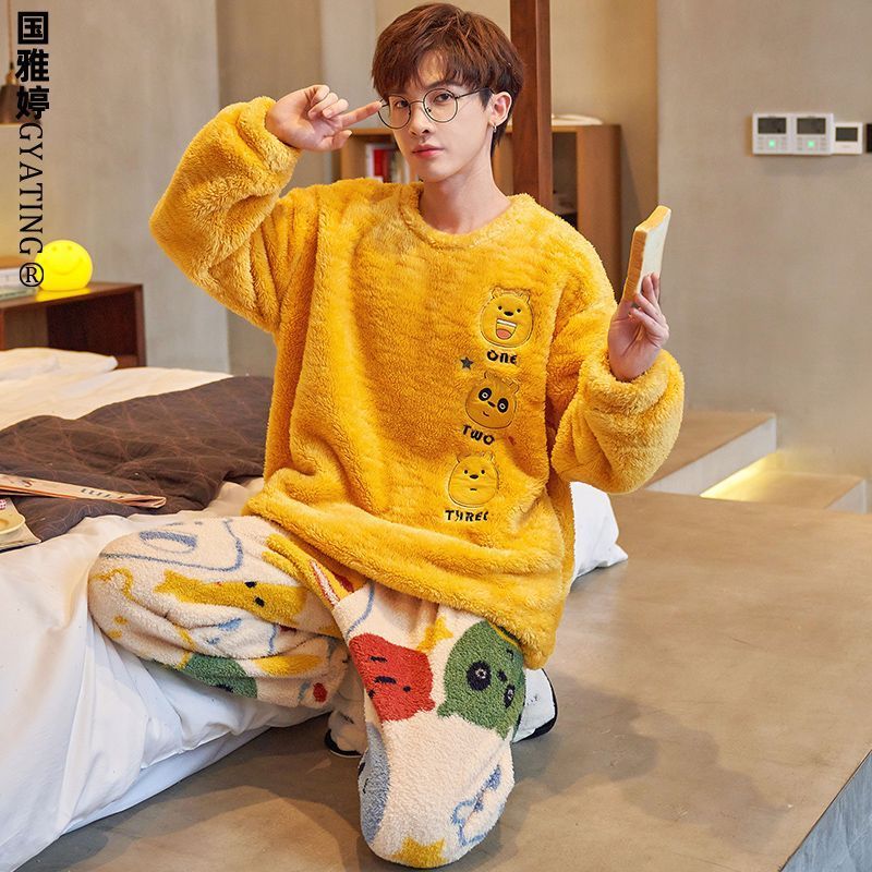 珊瑚絨睡衣男冬季長袖加厚款青少年卡通套頭家居服法蘭絨男式套裝