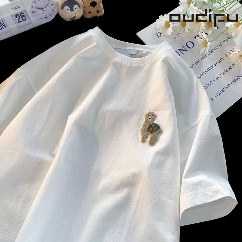 OUDIFU100% cotton 240G short-sleeved T-shirt women's spring and summer 2023 new ins all-match loose couple tops