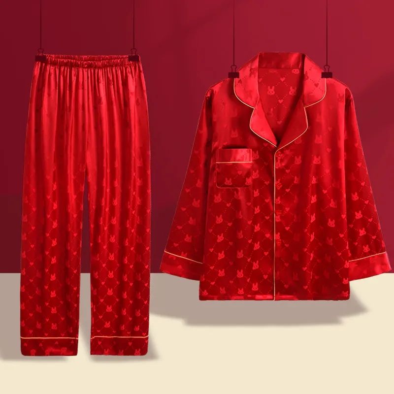New Year's Year of the Rabbit zodiac year red pajamas women's ice silk long-sleeved trousers ins style high-value home service suit