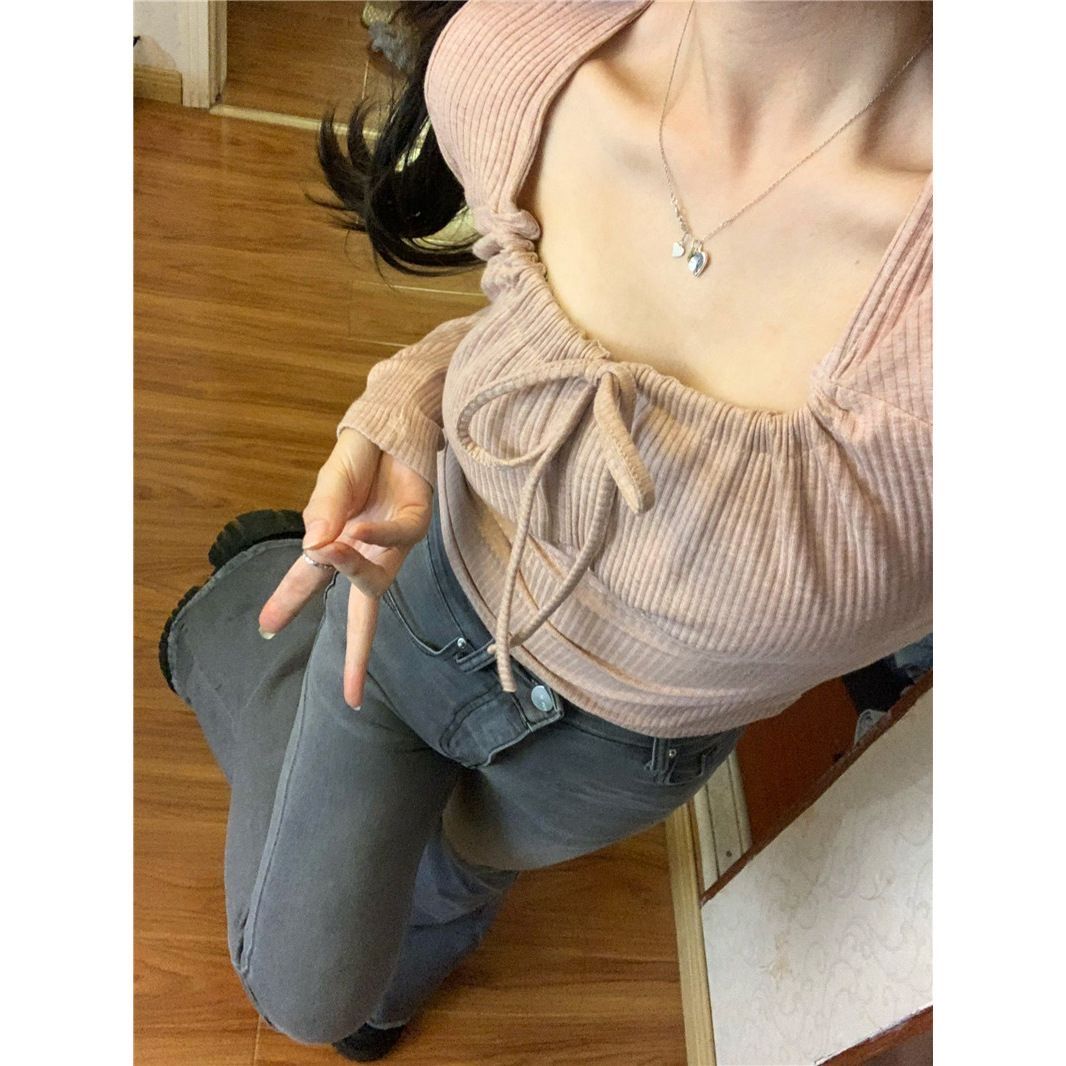 純欲風辣妹方領打底衫女秋冬內搭設計感小眾抽繩別致短款長袖上衣