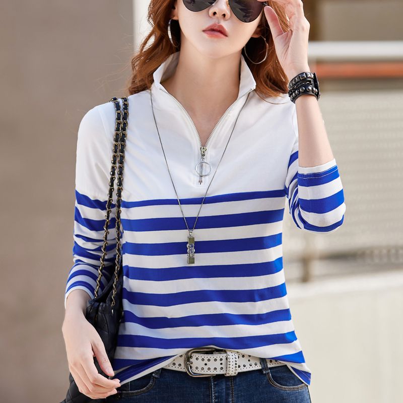 Pure cotton lapel striped long-sleeved T-shirt women's spring loose and thin collared top western style zipper outerwear small shirt trendy