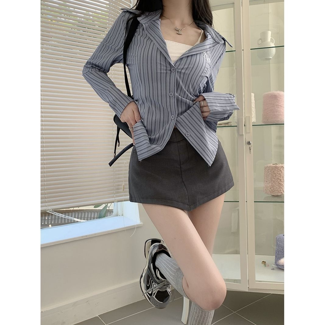 Sweet cool suit striped hottie long-sleeved shirt for women autumn and winter high-waist skirt short culottes design two-piece set