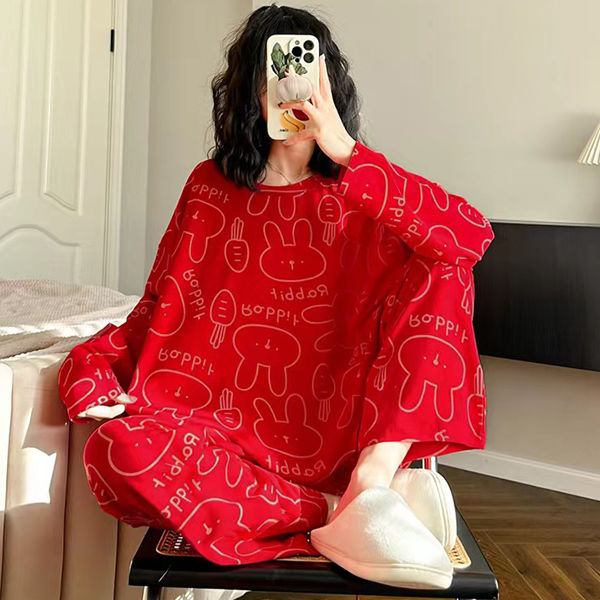 兔年本命年紅色睡衣女春秋款純棉長袖卡通全棉寬鬆家居服套裝秋冬