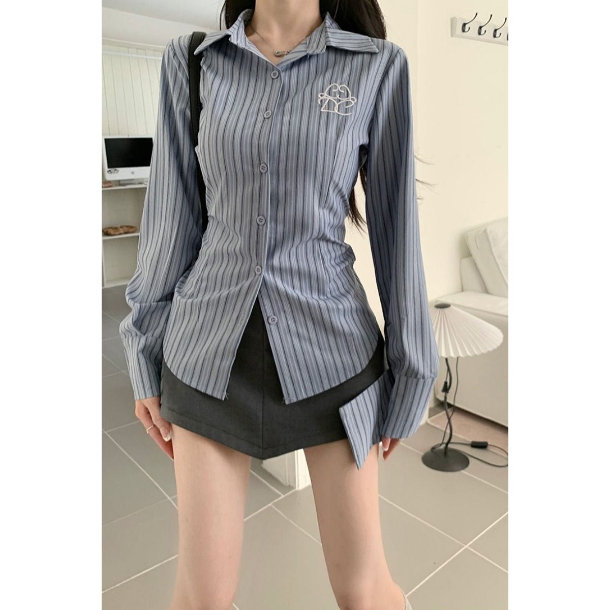 Sweet cool suit striped hottie long-sleeved shirt for women autumn and winter high-waist skirt short culottes design two-piece set