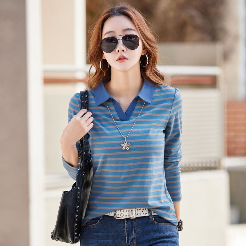 Bottom shirt Ladies spring striped long-sleeved T-shirt foreign style fashionable lapel polo shirt explosive style loose top