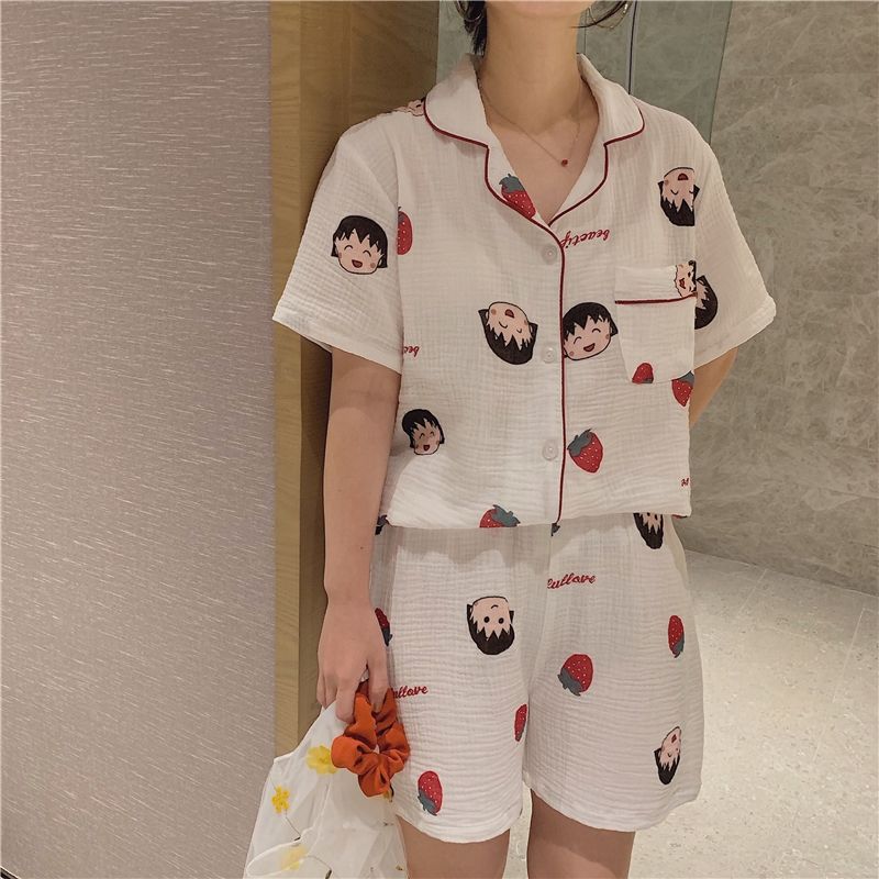 Baby cotton summer pajamas female ins summer thin cardigan loose short-sleeved shorts student home service suit