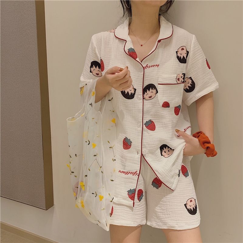 Baby cotton summer pajamas female ins summer thin cardigan loose short-sleeved shorts student home service suit