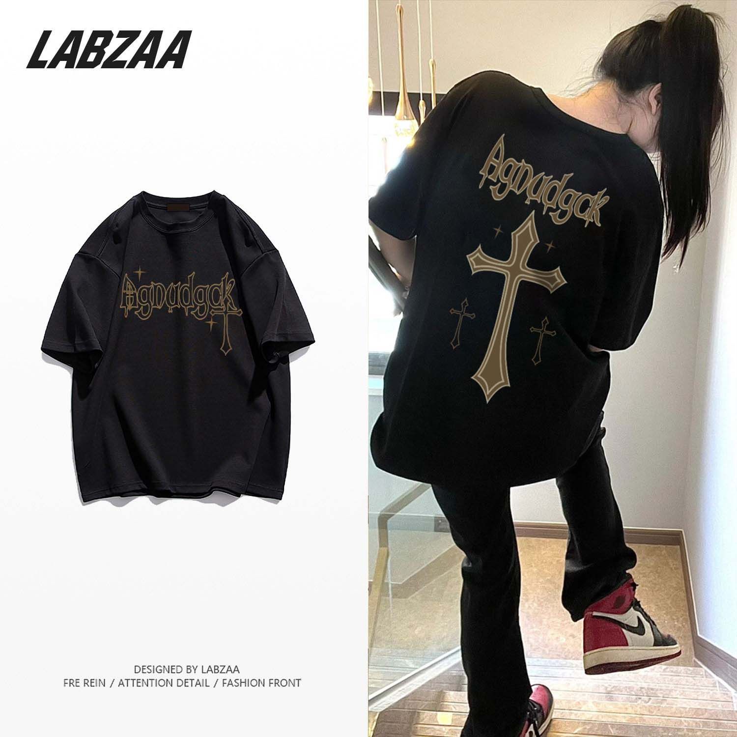 LABZAA pure cotton national tide design sense retro cross short-sleeved T-shirt female summer trend street couple tops