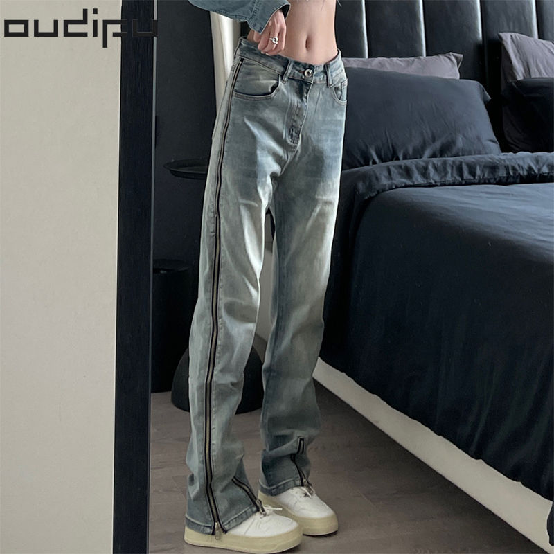OUDIFU美式高街牛仔裤水洗直筒潮牌男女美潮侧拉链显瘦设计感裤子