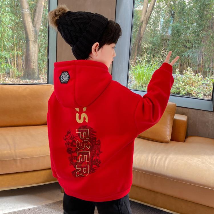Boys plus fleece and thickened hooded sweater 2023 big children 12 years old children's red rabbit year zodiac year New Year's clothes