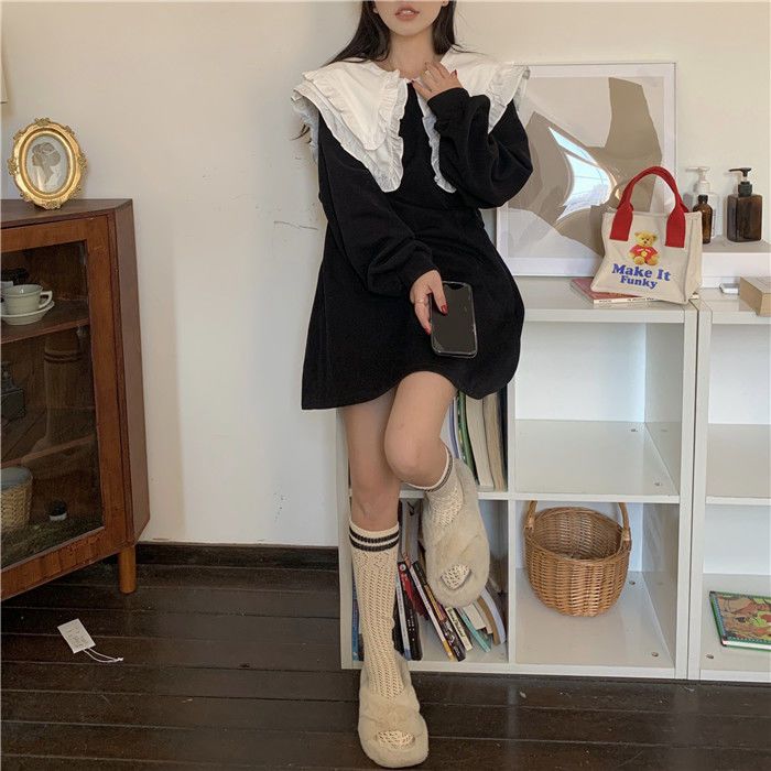 Contrasting color doll collar slim waist skirt petite dress spring new sweet and loose A-line short skirt women