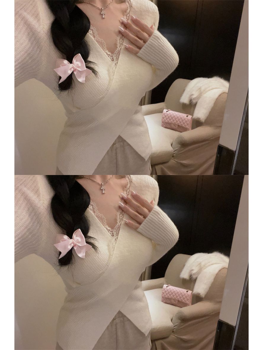 蕾絲交叉v領針織衫女春季新款法式掐腰內搭毛衣高級感打底衫上衣