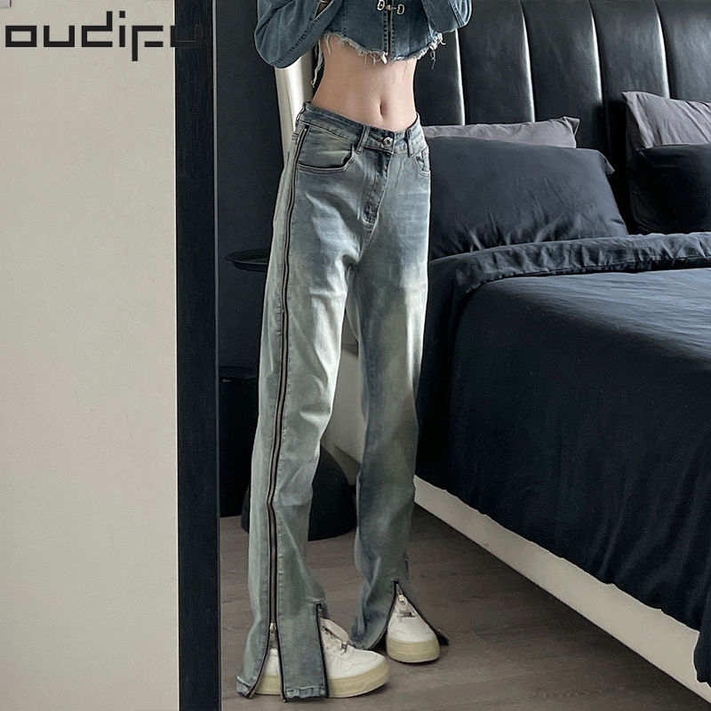 OUDIFU美式高街牛仔裤水洗直筒潮牌男女美潮侧拉链显瘦设计感裤子