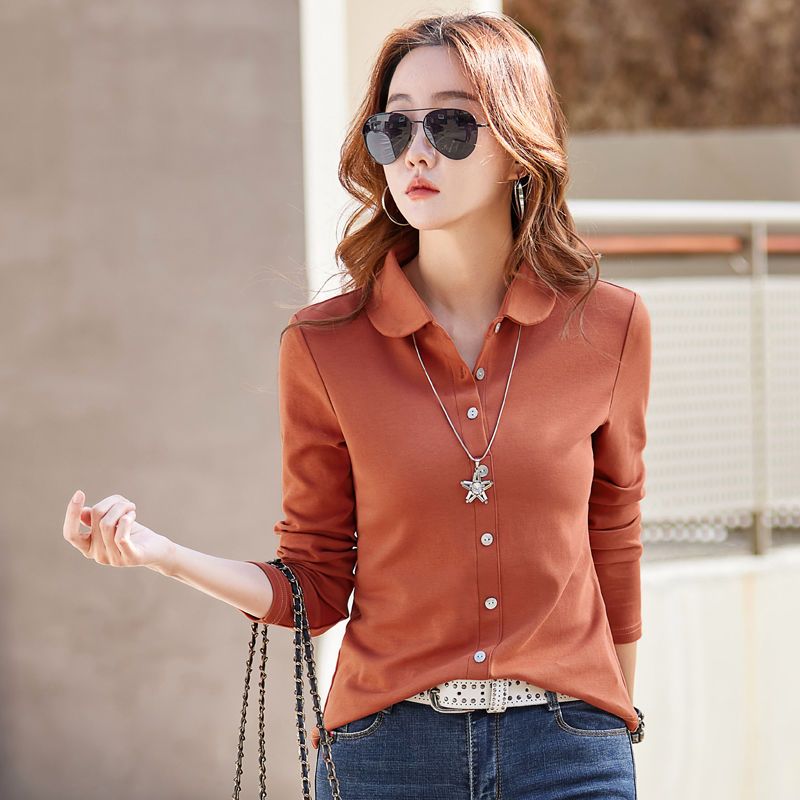 Fashion cotton long-sleeved t-shirt women's loose lapel top 2023 early spring and autumn new shirt Polo outerwear small shirt