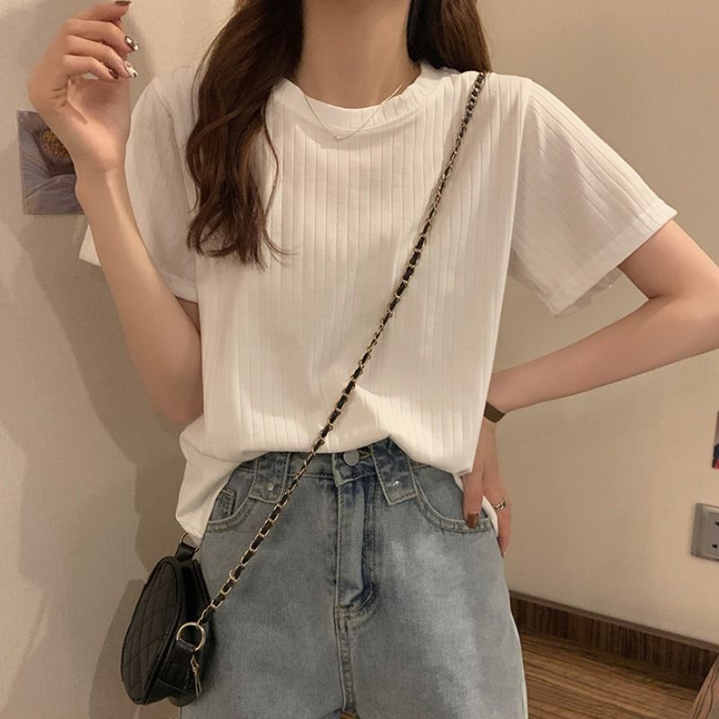 Ice silk short-sleeved t-shirt women's summer thin section white loose shoulder t-shirt chic unique short top ins all-match