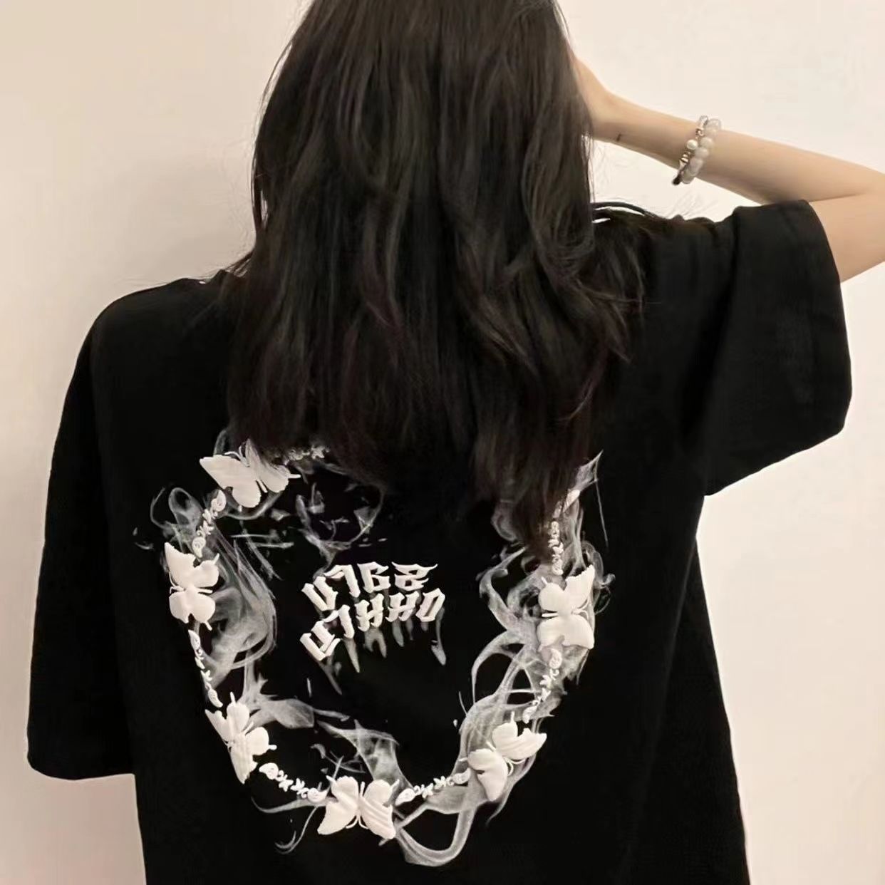 100%純棉夏季2023新款黑色短袖t恤女學生寬鬆韓版半袖上衣女ins風