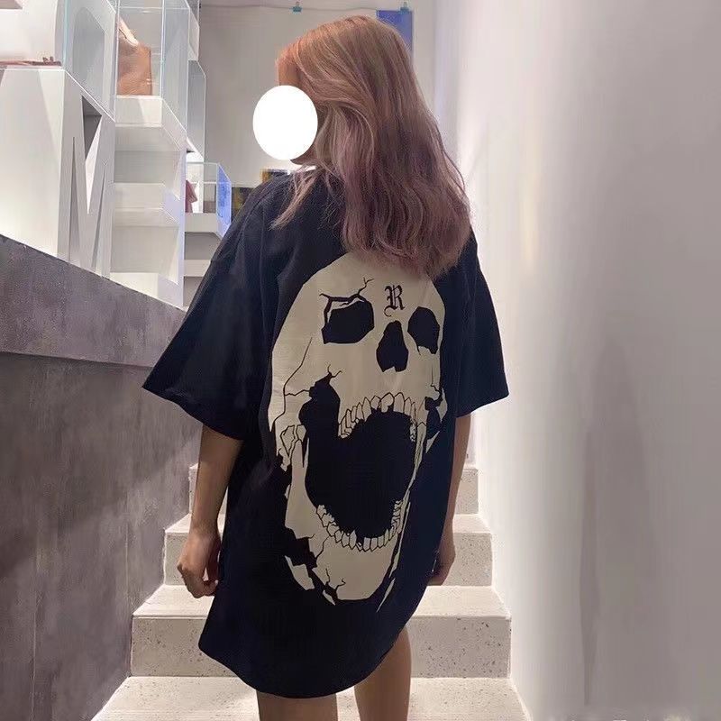 100%純棉大碼美式hiphop短袖t恤女設計感小眾骷髏印花夏天上衣潮