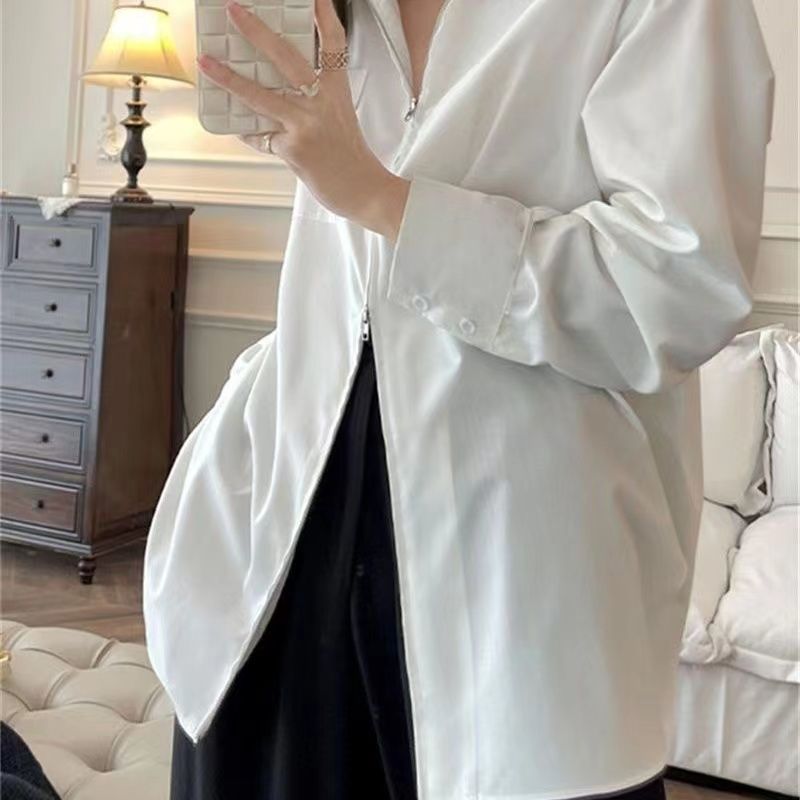 Shirt women's long-sleeved  spring and autumn fashion niche design zipper shirt Korean style layered loose white top
