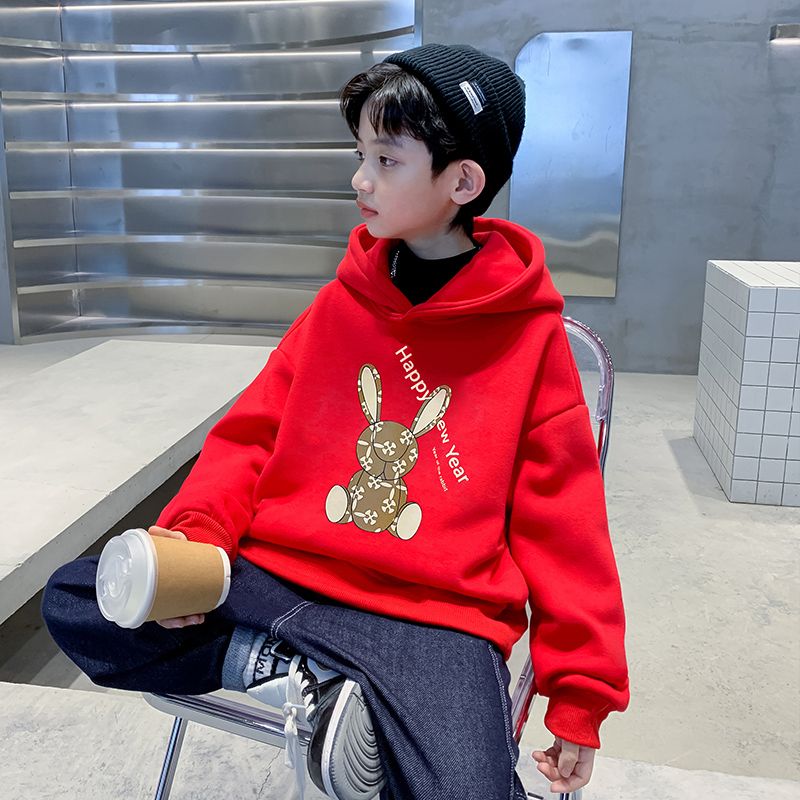 The new children's New Year's greetings all-match festive men's Year of the Rabbit red fleece sweater Chinese style Spring Festival clothes for big children