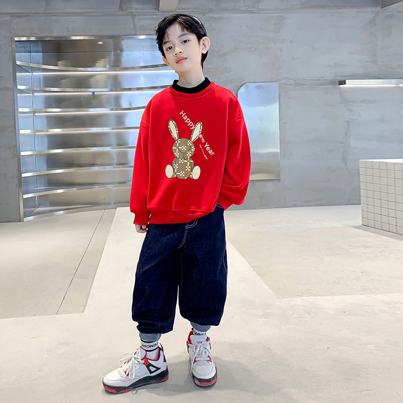 The new children's New Year's greetings all-match festive men's Year of the Rabbit red fleece sweater Chinese style Spring Festival clothes for big children