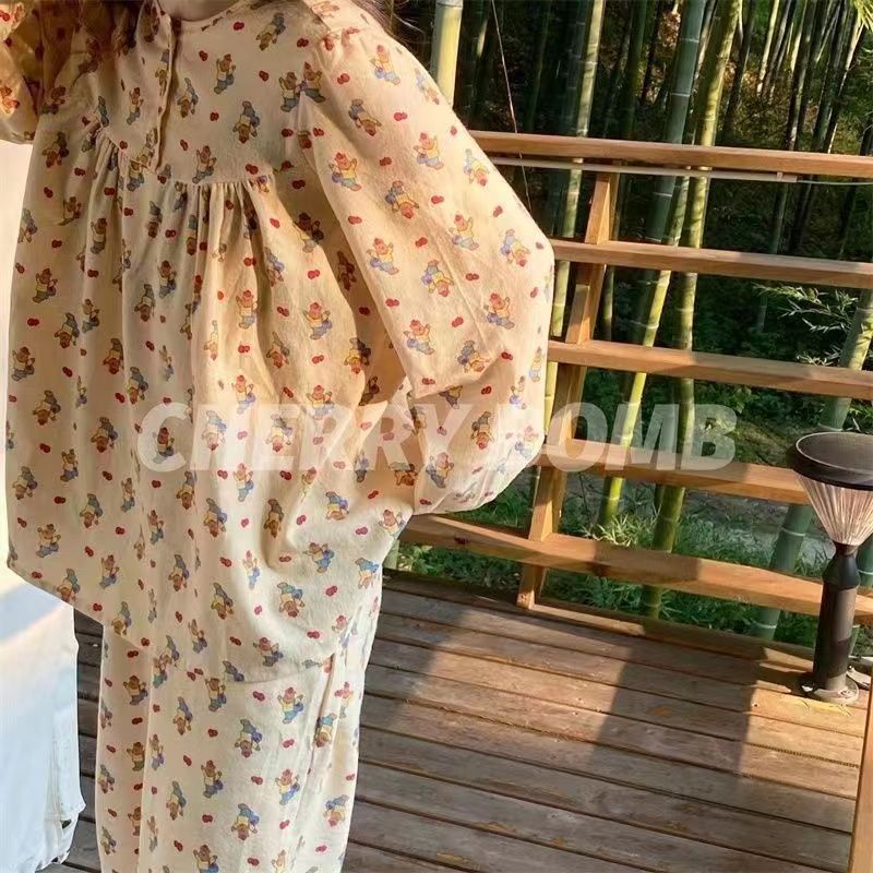 Pajamas women's spring and autumn new ins Japanese sweet girl cute cartoon long-sleeved home service suit can be worn outside
