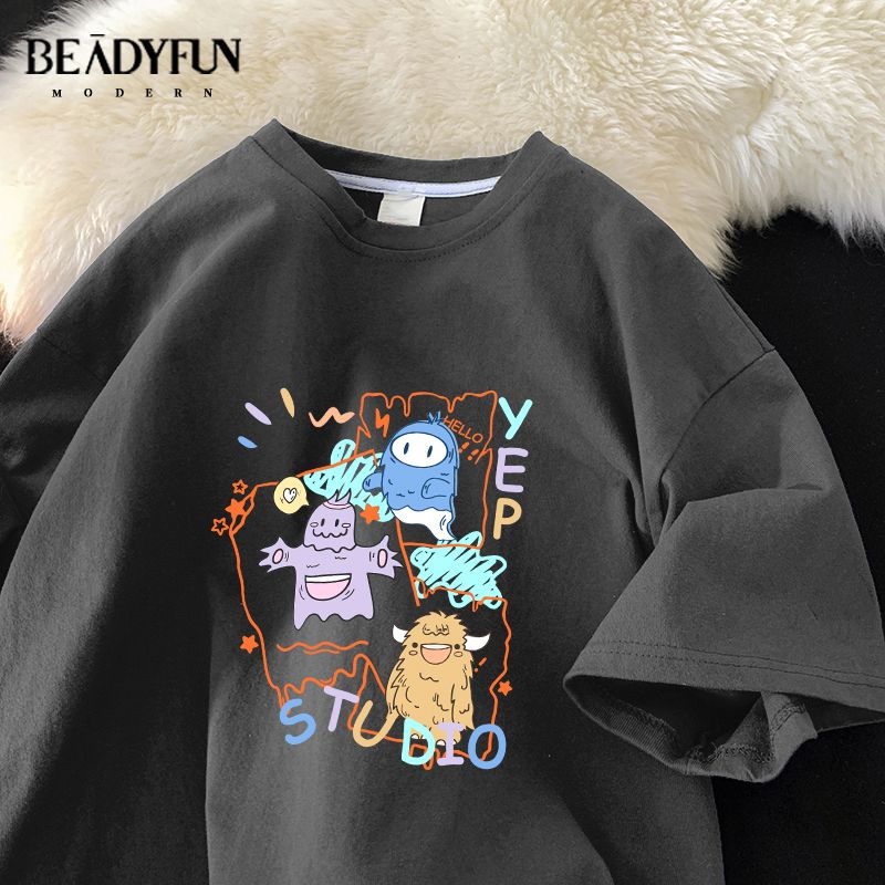 BEADYFUN 簡約日系短袖t恤男夏季薄款寬鬆五分袖上衣潮流休閒體恤