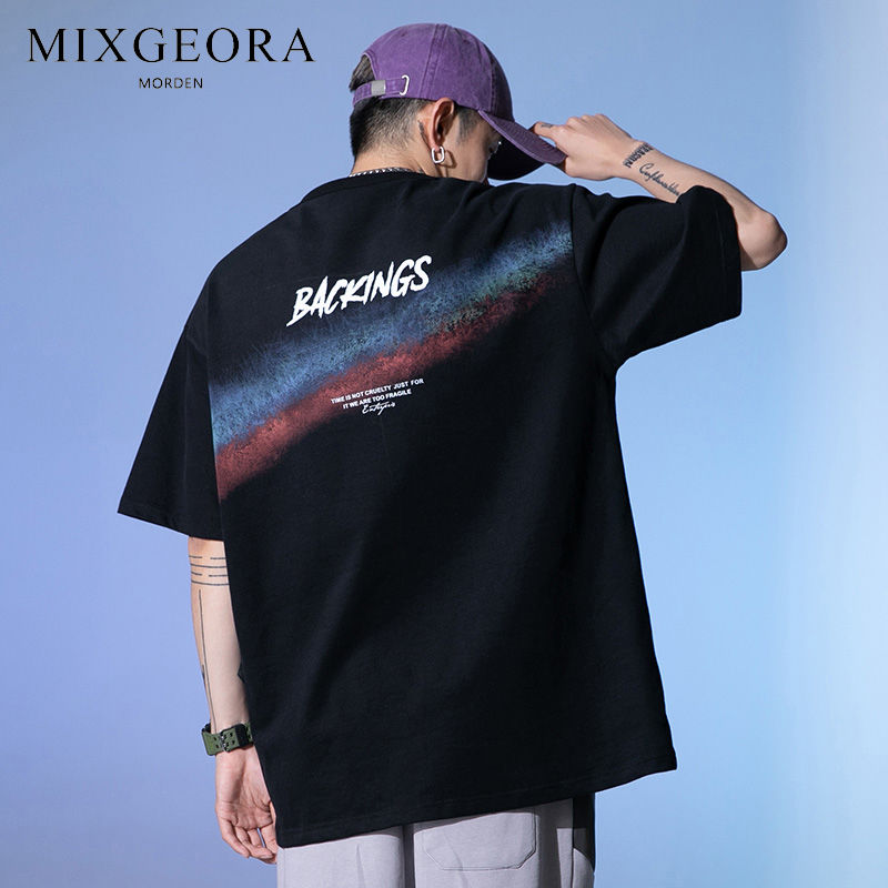 MIXGEORA夏季短袖男士高街風潮流寬鬆情侶上衣設計感休閒圓領T恤