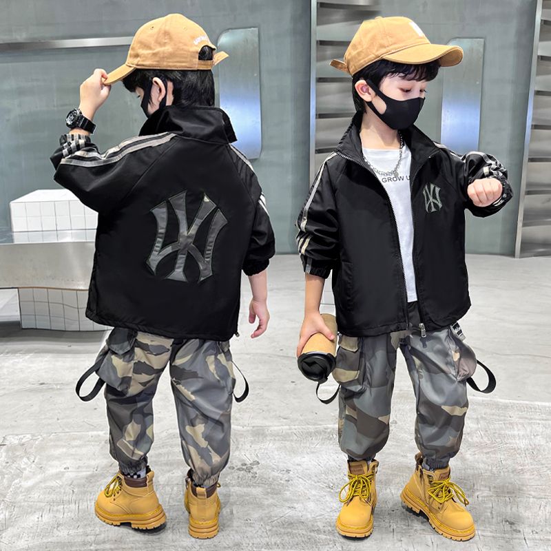 男童秋装套装2023新款韩版休闲男孩网红炸街外套迷彩两件套儿童装