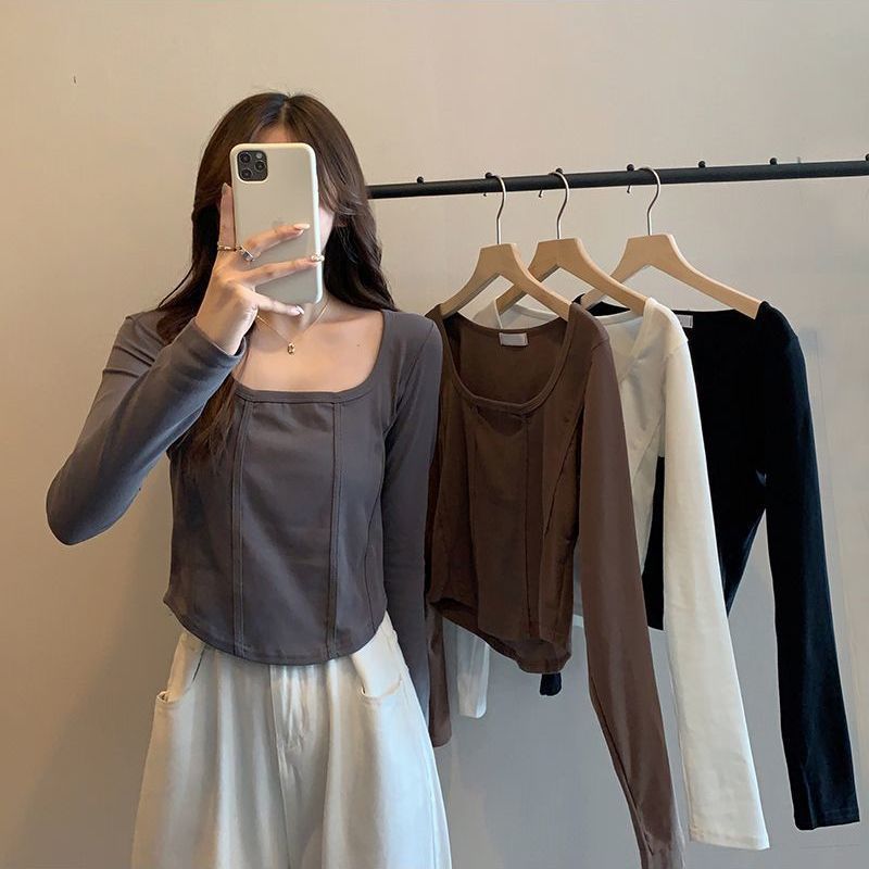 Long-sleeved top women's fishbone spring and autumn new short sweet and cool design sense niche all-match slim inner layer shirt