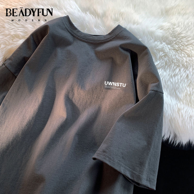 BEADYFUN潮牌短袖新款字母打底衫男士五分袖T恤圓領情侶衫上衣服