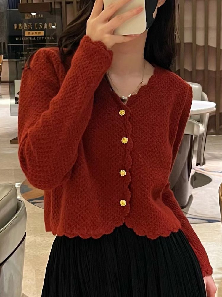 Xiaoxiangfengxiangtao purple V-neck cardigan sweater for women spring new style inner soft waxy sweater jacket for small people