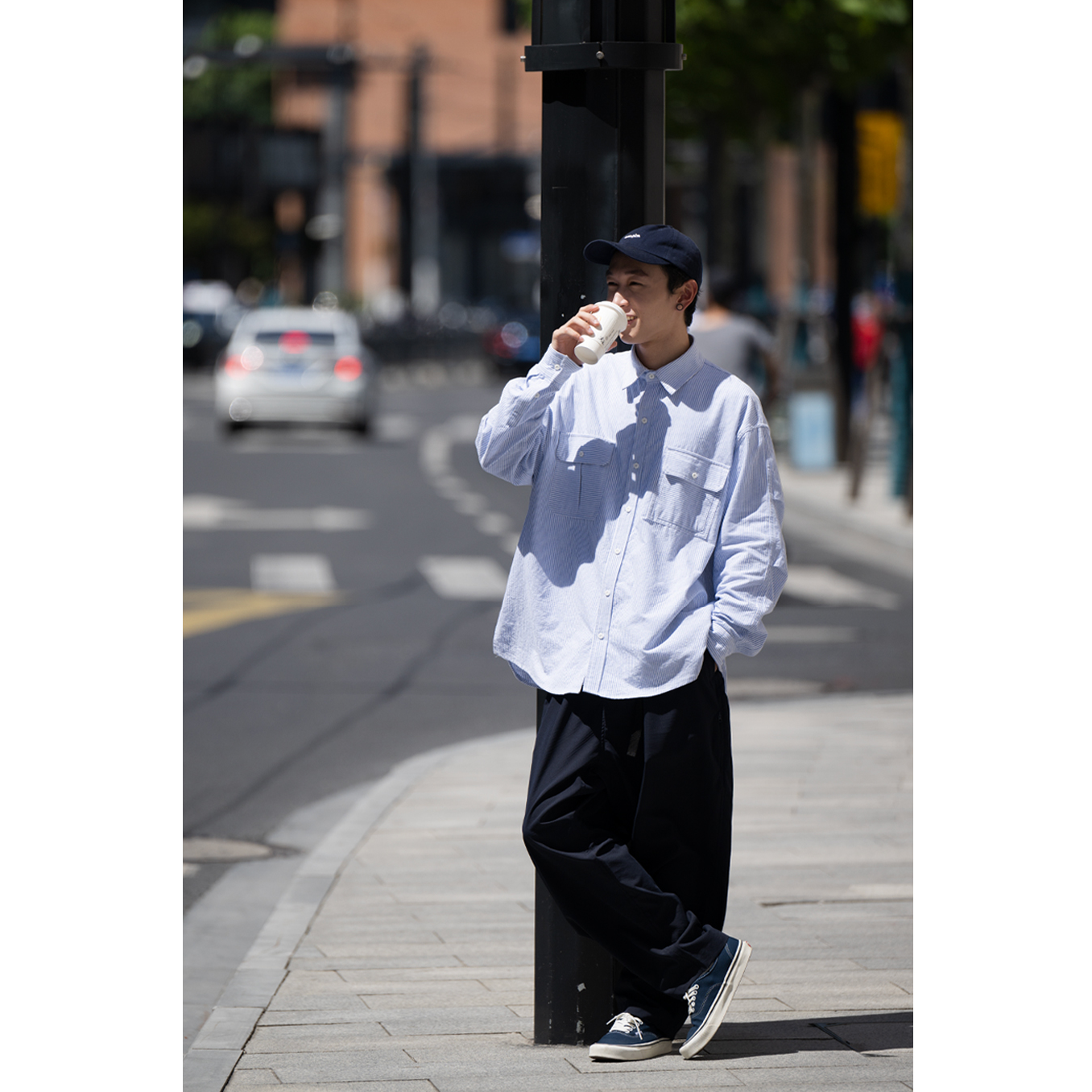 两件装/单件日系条纹廓形衬衫男春秋季外套复古流行长袖衬衣套装